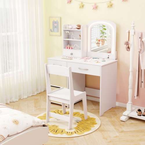 Gymax Kids Vanity Set Princess Makeup Desk & Chair w/ Mirror & Lights Open Shelves