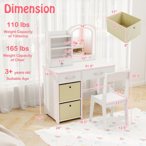 Gymax Kids Vanity Set Princess Makeup Desk & Chair w/ Mirror & Lights Open Shelves