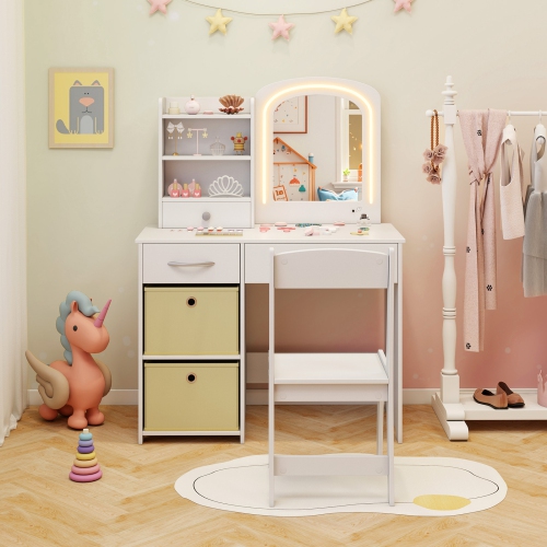 Gymax Kids Vanity Set Princess Makeup Desk & Chair w/ Mirror & Lights Open Shelves