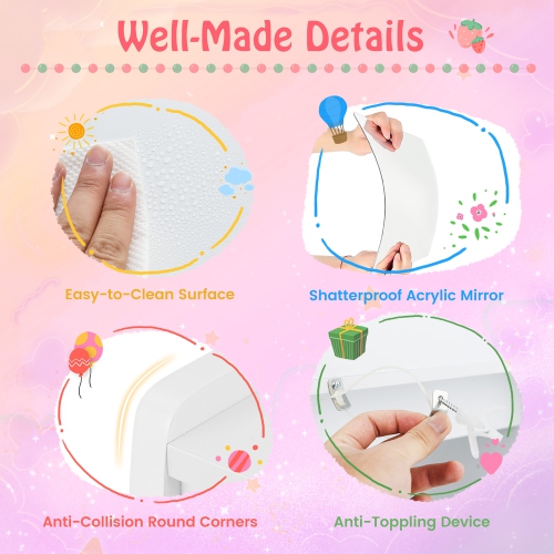 Gymax Kids Vanity Set Princess Makeup Desk & Chair w/ Mirror & Lights Open Shelves