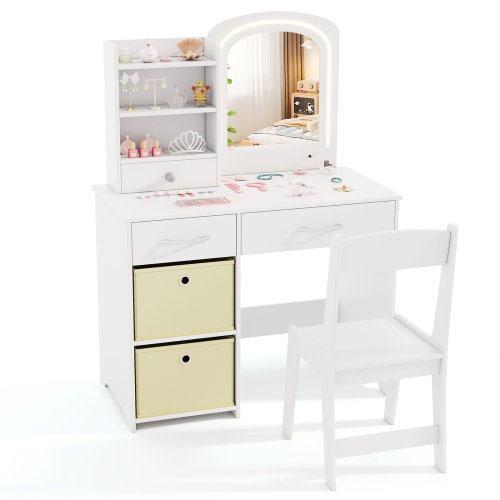 Gymax Kids Vanity Set Princess Makeup Desk & Chair w/ Mirror & Lights Open Shelves