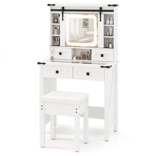 Gymax Farmhouse Vanity Desk Makeup Vanity Table w/Adjustable Brightness Sliding Mirror White