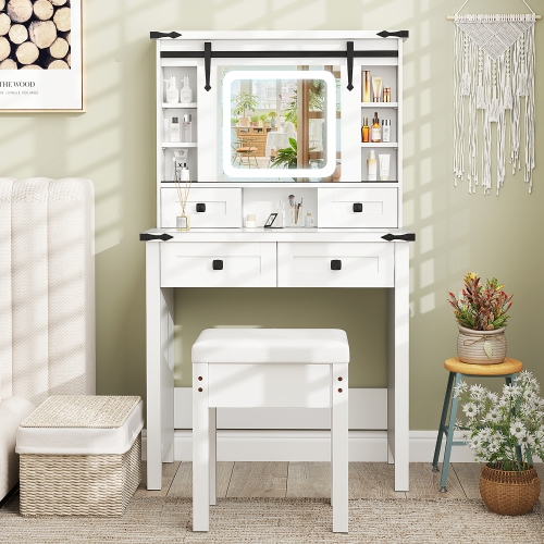 Gymax Farmhouse Vanity Desk Makeup Vanity Table w/Adjustable Brightness Sliding Mirror White