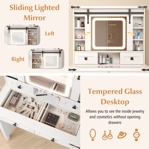 Gymax Farmhouse Vanity Desk Makeup Vanity Table w/Adjustable Brightness Sliding Mirror White