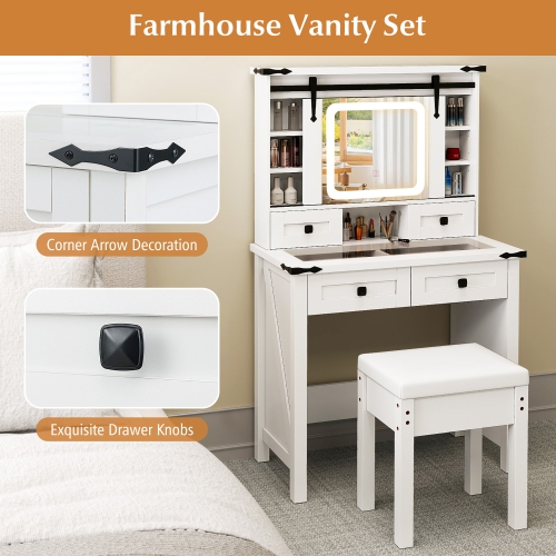 Gymax Farmhouse Vanity Desk Makeup Vanity Table w/Adjustable Brightness Sliding Mirror White