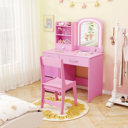 Gymax Kids Vanity Set Princess Makeup Desk & Chair w/ Mirror & Lights Open Shelves