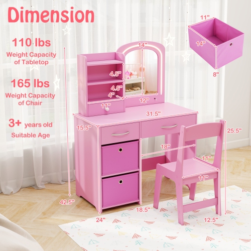 Gymax Kids Vanity Set Princess Makeup Desk & Chair w/ Mirror & Lights Open Shelves