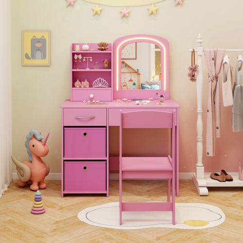 Gymax Kids Vanity Set Princess Makeup Desk & Chair w/ Mirror & Lights Open Shelves