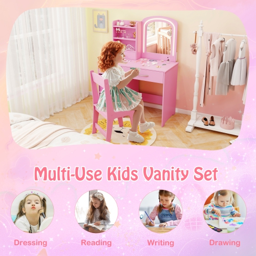 Gymax Kids Vanity Set Princess Makeup Desk & Chair w/ Mirror & Lights Open Shelves