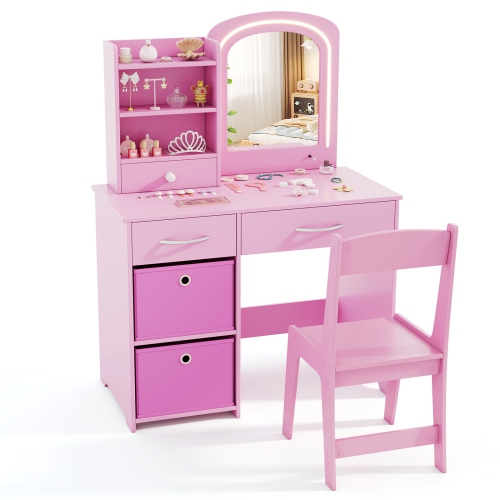 Gymax Kids Vanity Set Princess Makeup Desk & Chair w/ Mirror & Lights Open Shelves