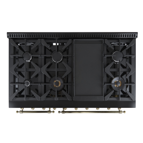 Forno Antico 48-Inch Freestanding Gas Range, Black, Antique Brass Design, 8 Burners, Griddle, Double Ovens, Energy Efficient