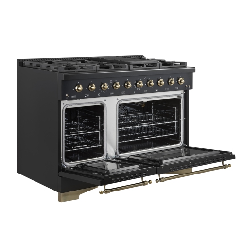 Forno Antico 48-Inch Freestanding Gas Range, Black, Antique Brass Design, 8 Burners, Griddle, Double Ovens, Energy Efficient