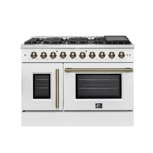 Forno Galiano 48-Inch Freestanding French Door Gas Range, White & Antique Brass