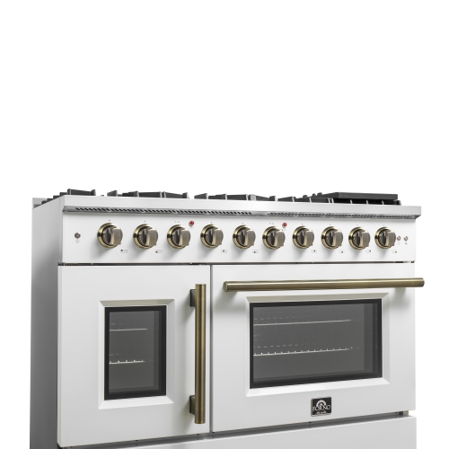 Forno Galiano 48-Inch Freestanding French Door Gas Range, White & Antique Brass