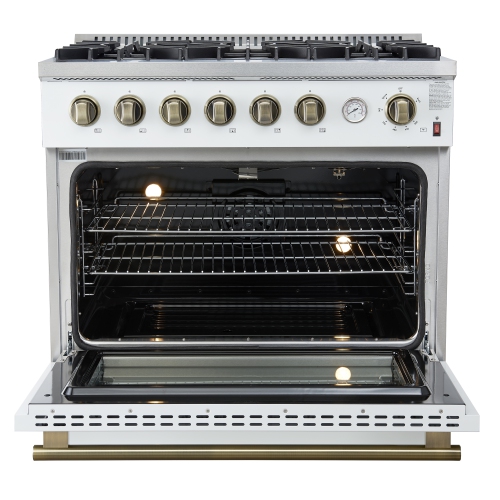 Marco 36-Inch Gas Range White & Antique Brass Design, 6 Burners 67,000 BTU, 5.36 cu.ft. Convection Oven