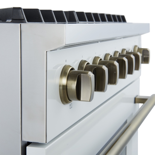 Marco 36-Inch Gas Range White & Antique Brass Design, 6 Burners 67,000 BTU, 5.36 cu.ft. Convection Oven