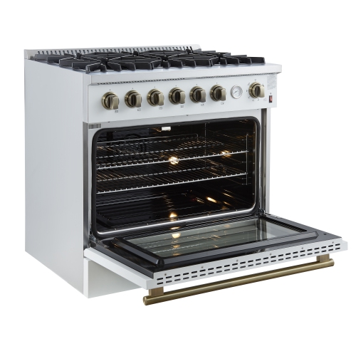 Marco 36-Inch Gas Range White & Antique Brass Design, 6 Burners 67,000 BTU, 5.36 cu.ft. Convection Oven