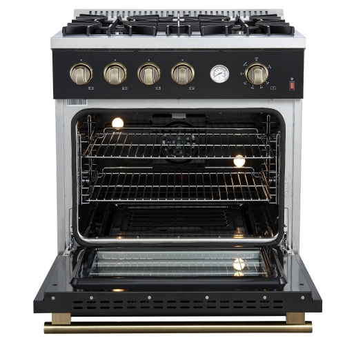 Marco 30-inch Gas Range Black & Antique Brass Design, 4 Burners 37,000 BTU, 4.32 cu.ft. Convection Oven