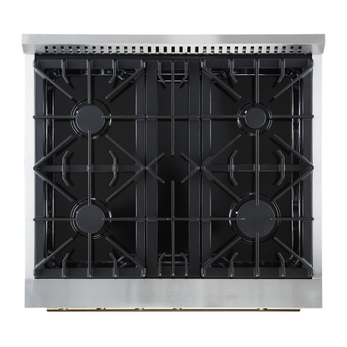 Marco 30-inch Gas Range Black & Antique Brass Design, 4 Burners 37,000 BTU, 4.32 cu.ft. Convection Oven