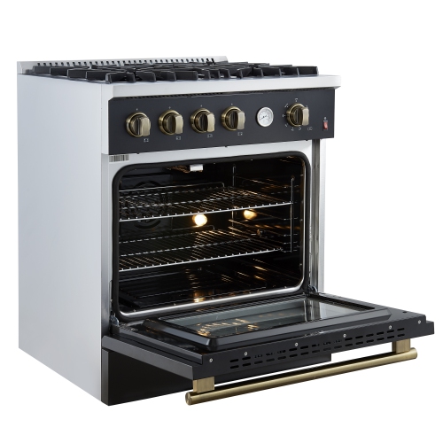 Marco 30-inch Gas Range Black & Antique Brass Design, 4 Burners 37,000 BTU, 4.32 cu.ft. Convection Oven