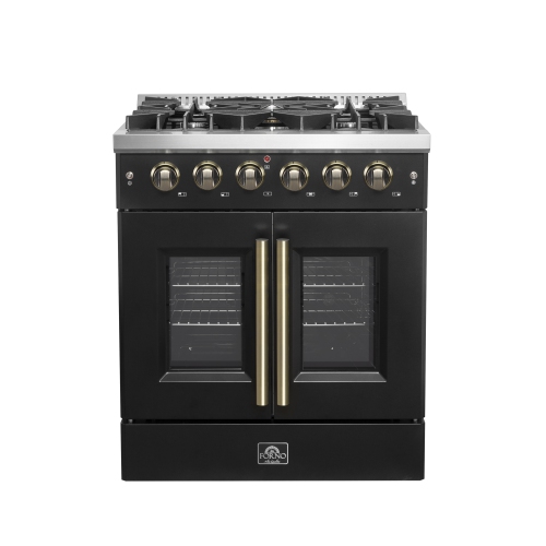 Forno Galiano 30-inch French Door Gas Range Black and Antique Brass Design, 5 Sealed Burners 68,000 BTU, 4.32 cu.ft. Convection Oven