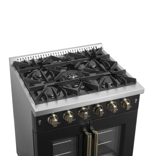 Forno Galiano 30-inch French Door Gas Range Black and Antique Brass Design, 5 Sealed Burners 68,000 BTU, 4.32 cu.ft. Convection Oven