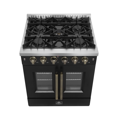 Forno Galiano 30-inch French Door Gas Range Black and Antique Brass Design, 5 Sealed Burners 68,000 BTU, 4.32 cu.ft. Convection Oven