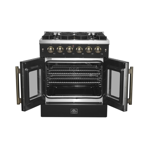 Forno Galiano 30-inch French Door Gas Range Black and Antique Brass Design, 5 Sealed Burners 68,000 BTU, 4.32 cu.ft. Convection Oven