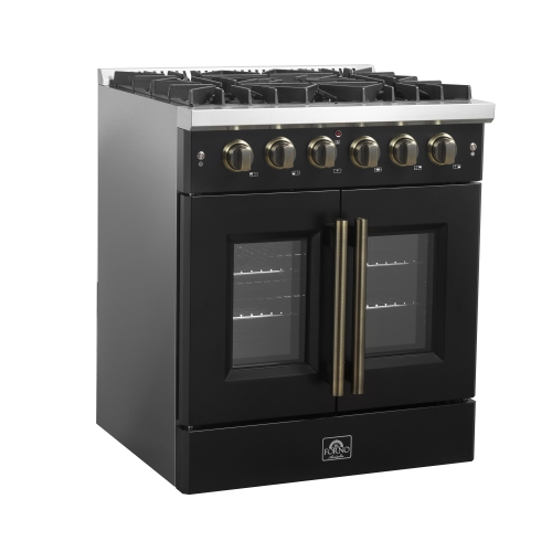Forno Galiano 30-inch French Door Gas Range Black and Antique Brass Design, 5 Sealed Burners 68,000 BTU, 4.32 cu.ft. Convection Oven