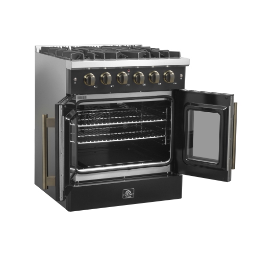 Forno Galiano 30-inch French Door Gas Range Black and Antique Brass Design, 5 Sealed Burners 68,000 BTU, 4.32 cu.ft. Convection Oven