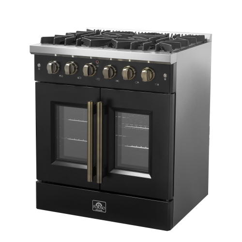 Forno Galiano 30-inch French Door Gas Range Black and Antique Brass Design, 5 Sealed Burners 68,000 BTU, 4.32 cu.ft. Convection Oven