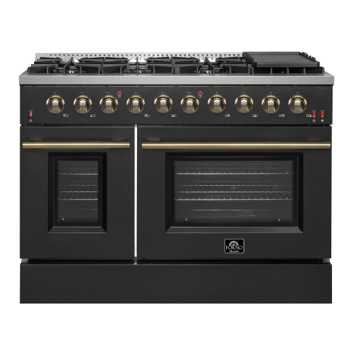 Image 1 de 10.. Forno Galiano Cuisinière au gaz de 48&nbsp;po, fini noir et laiton antique, 8 brûleurs, 107&nbsp;000&nbsp;BTU, plaque chauffante, 6,58&nbsp;pi³ Fours