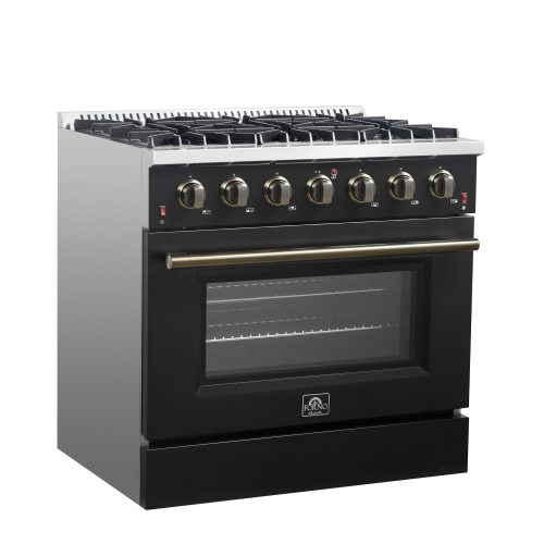 Forno Galiano 36-inch Freestanding Gas Range in Black with Antique Brass Design, 6 Burners, 83,000 BTU, 5.36 cu.ft. Convection Oven