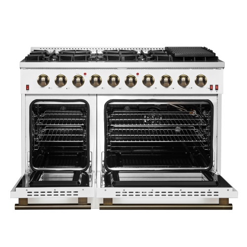 FORNO Galiano 48-inch Gas Range White & Antique Brass Design, 8 Burners, 107,000 BTU, Griddle, 6.58 cu.ft. Double Ovens