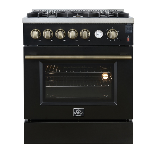 FORNO  Giovanni 30-Inch Gas Range & Antique Brass Design, 5 Burners 67, 000 Btu, 4.32 Cu.ft. Convection Oven In Black
