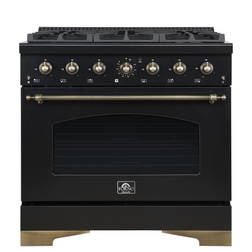 Forno Antico 36-Inch Freestanding Gas Range, Black, Antique Brass Design, 6 Burners, Convection Oven, Energy Efficient