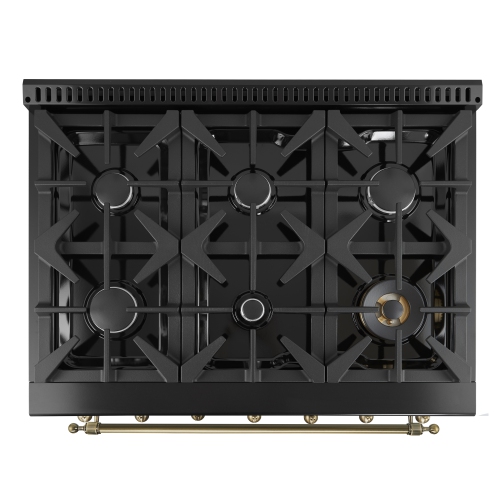 Forno Antico 36-Inch Freestanding Gas Range, Black, Antique Brass Design, 6 Burners, Convection Oven, Energy Efficient