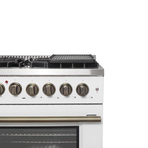 Forno Galiano – Cuisinière biénergie à deux portes de 48&nbsp;po, fini blanc et laiton antique, 8 brûleurs scellés – 107&nbsp;000&nbsp;BTU, plaque