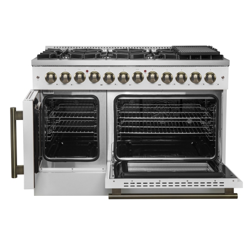 Forno Galiano – Cuisinière biénergie à deux portes de 48&nbsp;po, fini blanc et laiton antique, 8 brûleurs scellés – 107&nbsp;000&nbsp;BTU, plaque
