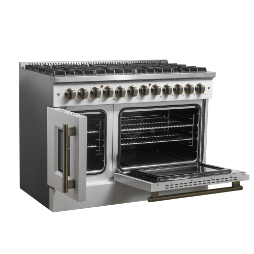 Forno Galiano – Cuisinière biénergie à deux portes de 48&nbsp;po, fini blanc et laiton antique, 8 brûleurs scellés – 107&nbsp;000&nbsp;BTU, plaque
