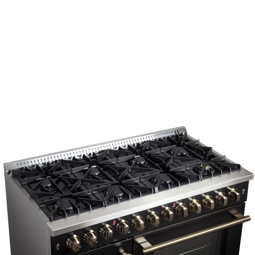 Forno Galiano – Cuisinière biénergie à deux portes de 48 po, fini noir et laiton antique, 8 brûleurs scellés – 107 000 BTU, plaque