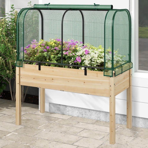 Lit de jardin surélevé en bois avec serre de Costway – Mini ensemble de serre portatif vert/blanc + gris/beige
