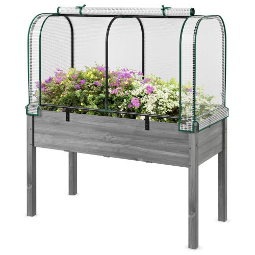 Lit de jardin surélevé en bois avec serre de Costway – Mini ensemble de serre portatif vert/blanc + gris/beige