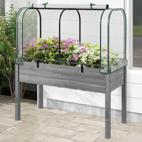 Lit de jardin surélevé en bois avec serre de Costway – Mini ensemble de serre portatif vert/blanc + gris/beige
