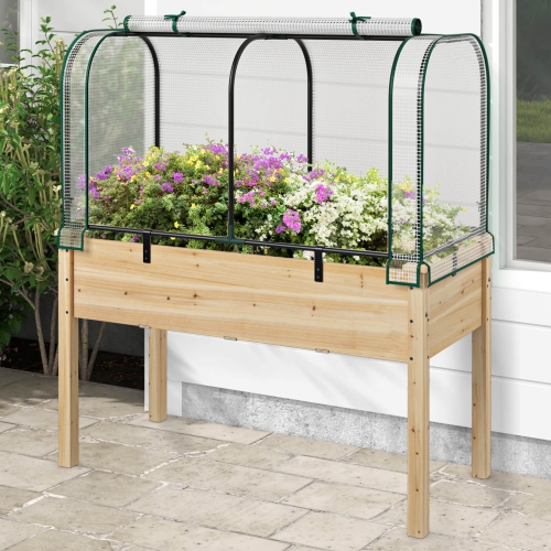 Lit de jardin surélevé en bois avec serre de Costway – Mini ensemble de serre portatif vert/blanc + gris/beige