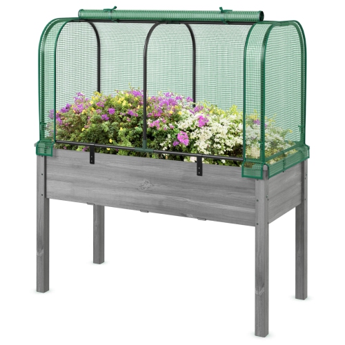 Lit de jardin surélevé en bois avec serre de Costway – Mini ensemble de serre portatif vert/blanc + gris/beige