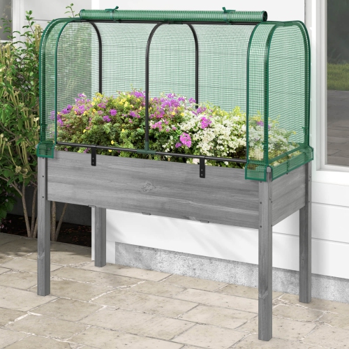 Lit de jardin surélevé en bois avec serre de Costway – Mini ensemble de serre portatif vert/blanc + gris/beige