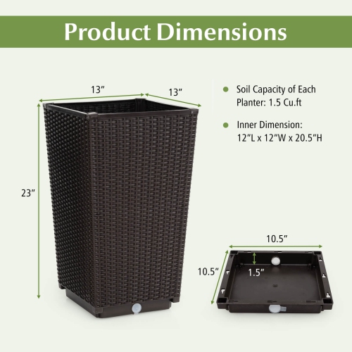 Costway 23" Tall Planters Set of 2 Rattan Wicker Plant Pot Self-watering Tree Pot Black/Brown