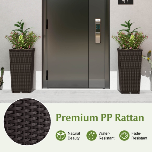 Costway 23" Tall Planters Set of 2 Rattan Wicker Plant Pot Self-watering Tree Pot Black/Brown