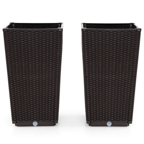 Costway 23" Tall Planters Set of 2 Rattan Wicker Plant Pot Self-watering Tree Pot Black/Brown